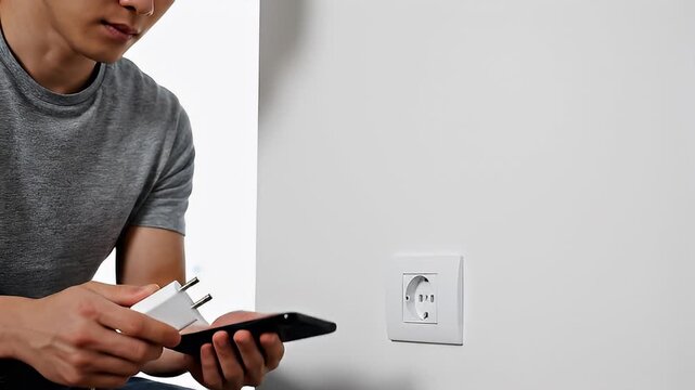 Person Plugging in and Using Smartphone at Power Outlet.