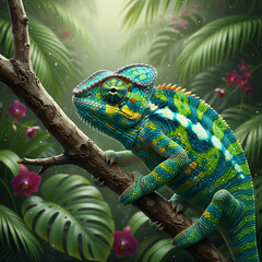 Fototapeta premium Vibrant Chameleon on Branch, Vibrant Chameleon Close-up on Textured Branch, Intricate Skin Patterns, Tropical Wildlife Photography