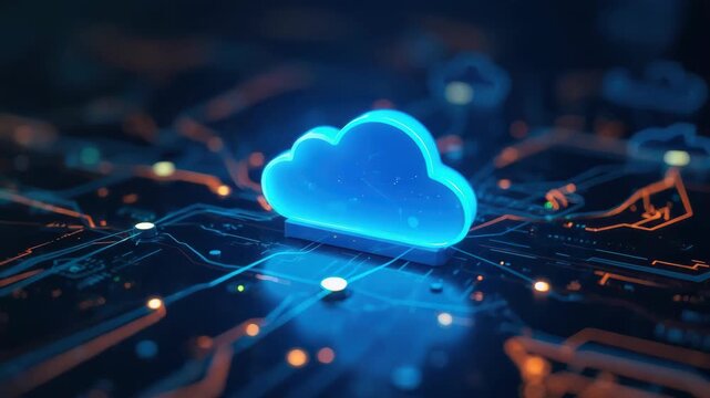Blue glowing cloud icon circuit board representing secure cloud data storage and network technology