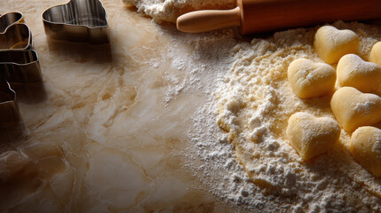 Heart cookie dough baking flour rolling pin pastry homemade dessert kitchen love sugar cookie preparation on marble countertop dusted with flour