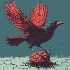 Conceptual illustration of brains on floating islands connected by bridges and balloons in the sky , vector style simple color