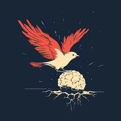 Conceptual illustration of brains on floating islands connected by bridges and balloons in the sky , vector style simple color