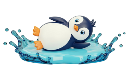 Cute cartoon penguin splashing in water