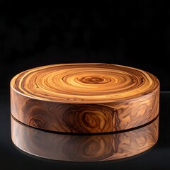 Circular wooden display with a reflective surface against a dark backdrop