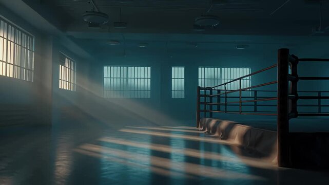 A dimly lit boxing ring stands in an abandoned building with sunlight streaming through the windows and casting a moody atmosphere