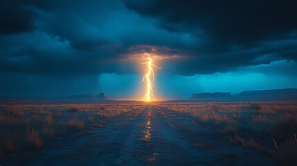 Bright lightning bolt strikes a dirt road in a vast dry landscape at dusk storm thunder
