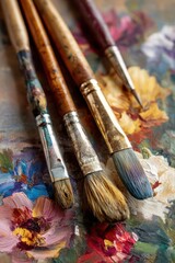 Fototapeta premium Education training class. Knowledge learning improvement study. A closeup of four paintbrushes with wooden handles resting on a vibrant, multicolored canvas. The background is slightly blurred.