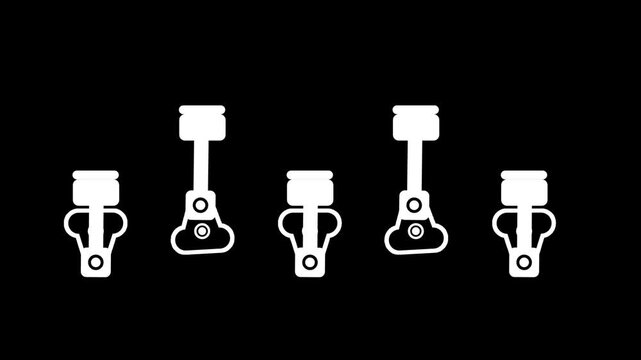 Five white engine pistons are arranged in a horizontal row to depict the internal mechanics and synchronized timing of a multi-cylinder engine