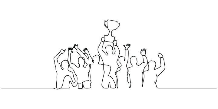 Single-line drawing illustrating a group of people celebrating a victory, achievement, or success. Team holding a trophy or award cup above their heads vector illustration