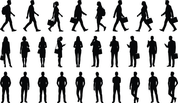 business people silhouettes set, walking and standing professionals, male female office workers, corporate workforce, isolated black vector figures