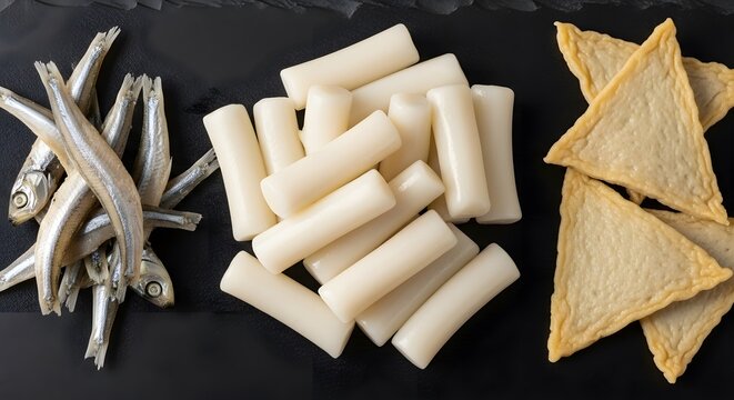 Korean Tteokbokki ingredients Garaetteok rice cakes dried anchovies Myeolchi and Eomuk fish cakes on dark slate