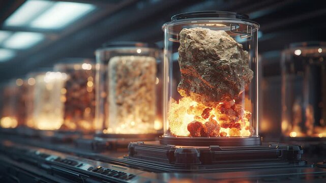 Cinematic rare earth energy storage technology illustration, glowing mineral elements embedded within advanced energy storage systems, clean high-tech environment, controlled dramatic lighting