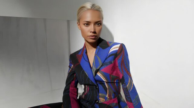 Sophisticated woman patterned colorful blazer seated minimalist studio poised and confident styling