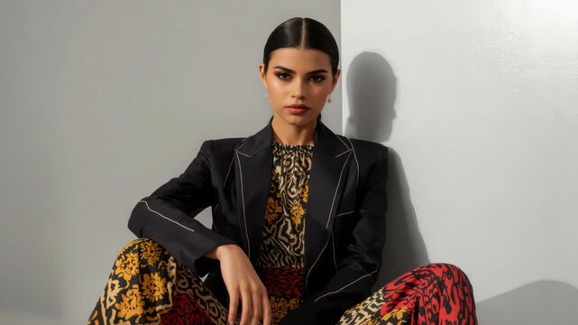 Stylish woman patterned jumpsuit and tailored blazer sitting confidently against neutral wall with