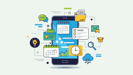 A smartphone surrounded by various productivity icons