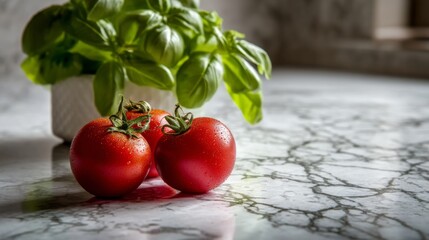 Fresh Red Tomatoes with Dew Drops on Marble Countertop Next to Aromatic Basil Plant in Bright Kitchen Setting