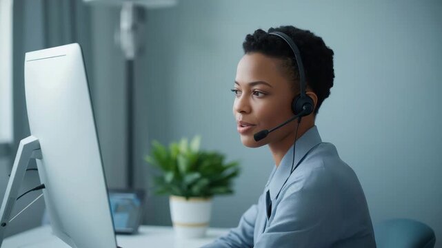 Young customer service representative headset computer office smiling calm focused customer service