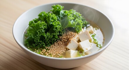 Hot Vegan Tofu and Kale Soup with Sesame Seeds in a Modern Bowl