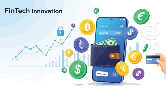 A smartphone with a wallet and various currencies