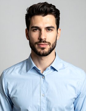 A man in a light blue dress shirt with a neutral expression