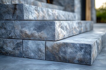Close-up of stacked grey stone steps with textured surfaces masonry outdoor