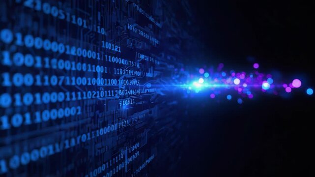 Digital binary data stream with glowing blue and purple light particles conveying motion and energy