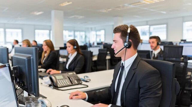 Corporate Sales Department Office Environment with Employees on Customer Calls, Showcasing Professional Communication, Teamwork, Productivity, and Modern Business Operations in Action Today Live