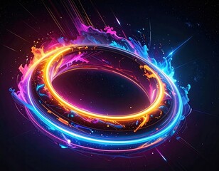 Glowing ring of fire and neon light explodes in vibrant colors against a dark, starry backdrop