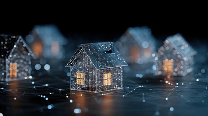 Real estate business market, house home building purchase sale. A digital house with a network of connected lines and dots, illuminated by lights, against a dark background.