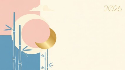 A pink and blue abstract background with bamboo and a crescent moon.