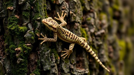 Fototapeta premium reptile, lizard, wildlife, nature, animal, tree, moss, green, brown, wild, outdoor, small, creature
