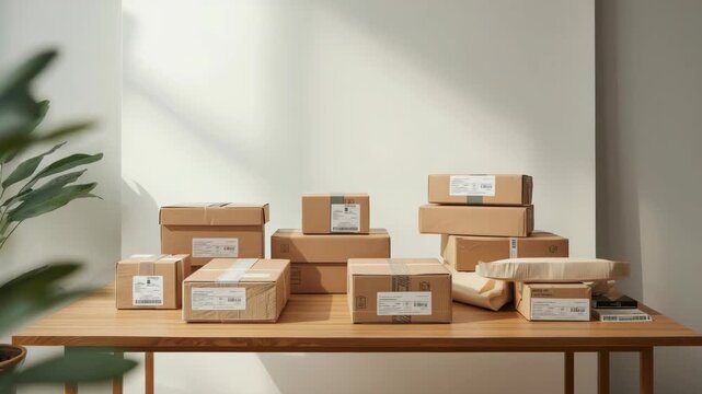 Small cardboard parcel collection and minimalist parcel arrangement wooden table with soft natural