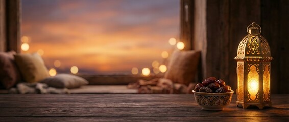 Traditional Golden Lantern and Dates on a Wooden Table with Sunset Background for Ramadan Celebration