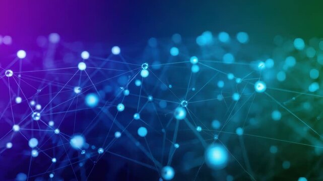 Blue network of glowing connected nodes and lines conveying digital connection technology