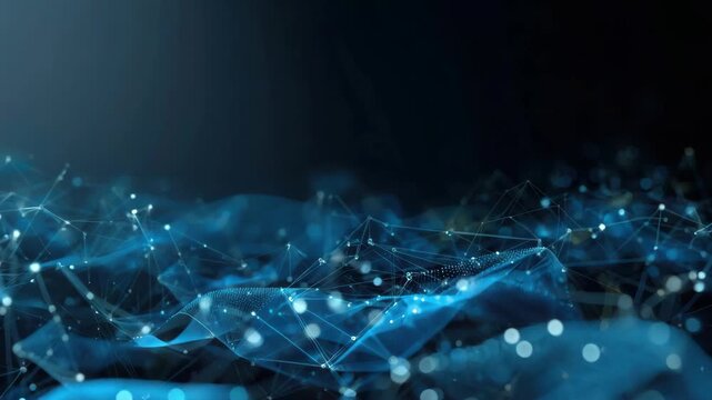 Blue digital network wave of connected dots lines with glowing connection nodes and abstract depth