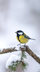 A small yellow and black bird perches on a snow-covered pine branch