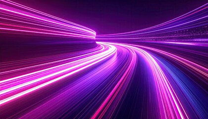 Illuminated violet and magenta light trails warp through a dark, curving tunnel