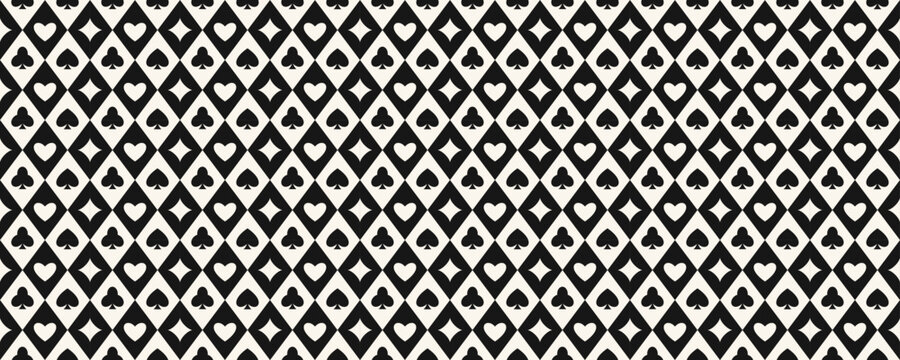Seamless playing cards pattern. Repeating spades, hearts, diamonds, clubs symbols background. Poker or casino table theme wallpaper. Repeated lozenge gambling concept texture. Vector