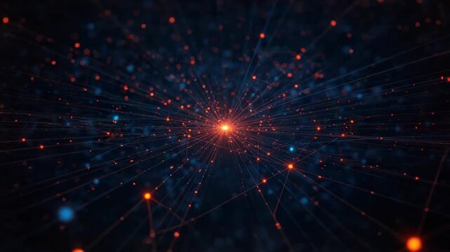 Glowing orange network node radiating light with scattered particles in dark blue digital space