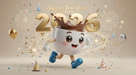 Fototapeta premium Joyful Coffee Mascot Celebrating Happy New Year 2026