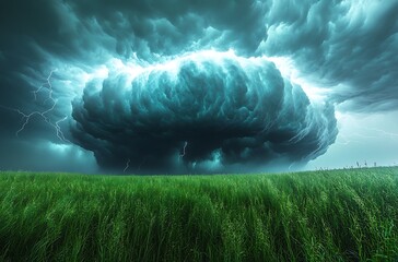 Dramatic thunderstorm cloud formation over a green grassy field with lightning clouds