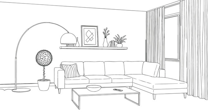 Modern minimalist living room interior line art illustration featuring a sectional sofa coffee table and arc floor lamp