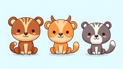 Obraz premium Set of three cute cartoon baby animals characters in kawaii style