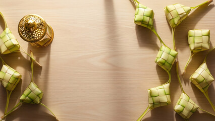 Traditional ketupat and gold lantern on wood table with copy space for Eid Mubarak