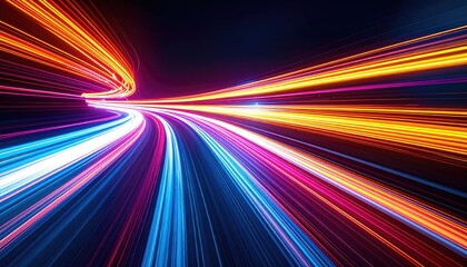 Dynamic, abstract streaks of vibrant light curving against a dark, evolving background