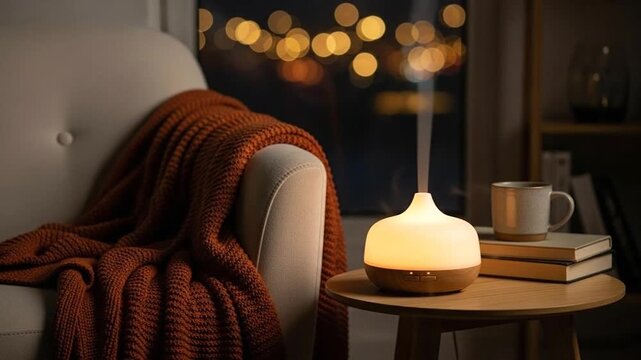 Cozy home interior with aroma diffuser, warm light and bokeh effect