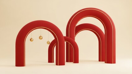 Fototapeta premium Three red arches with gold trim against a beige background. The geometric shapes and festive decorations suggest a holiday or celebratory theme.