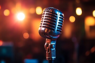 Vintage Microphone on Stage Ready for a Performance Warm Lighting Blurry Background Classic Mic Live Music Concert