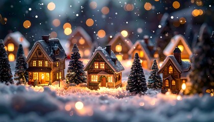 Fototapeta premium Miniature village scene with cozy illuminated houses nestled in snow. Soft bokeh lights enhance the magical winter atmosphere