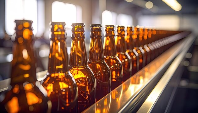 Close-up of amber-colored bottles moving along a conveyor belt in a factory setting